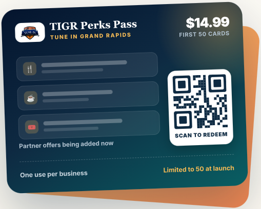 Illustration of the TIGR Perks Pass digital card: $14.99 for the first 50 cards, partner offers being added now, a scan-to-redeem QR code, one use per business, limited to 50 at launch.